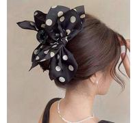 Shein 1 pieza Pinza para el cabello con lazo grande de satén a lunares blanco y negro, pinza de tiburón floral vintage grande para mujer, accesorios para el