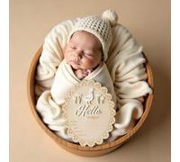 Shein 1 pieza Placa de anuncio de nacimiento de bebé de madera con el texto "Hola Mundo", placa de datos de nacimiento con forma de ganso, recuerdo de hitos