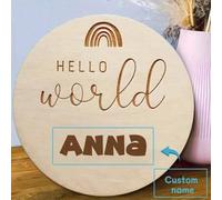 Shein 1 pieza Placa de madera personalizada de anuncio de nacimiento "Hello World" - Placa con nombre personalizado para niños, tarjeta de hito y revelación