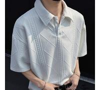 Shein 1 pieza Polo de manga corta blanco con textura de diamante para hombres, tela de punto jacquard 3D, cómodo y refrescante, estilo "Old Money" maduro y