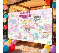 Shein 1 pieza Póster de cumpleaños feliz de la familia Sanrio con perro de orejas grandes Cinnamoroll KT Pudding de dibujos animados lindos (100*75, 150*100