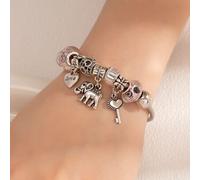 Shein 1 pieza Pulsera de acero inoxidable elástica para mujer con cuentas de agujero grande y colgante de llave metálica en forma de corazón y elefante, joy