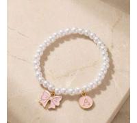 Shein 1 pieza Pulsera de aleación de zinc con cuentas de perlas falsas exquisita para niños & niñas, lazo de esmalte rosa lindo y dije de letra inicial A, j