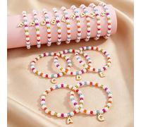 Shein 1 pieza Pulsera de cuentas de colores con Charm de letra A-Z, pulsera elástica de perlas falsas, pulsera de amistad bohemia apilable para niños y niña