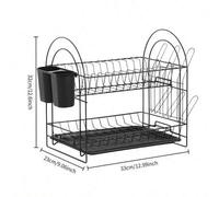 Shein 1 pieza Rejilla de secado de hierro de doble capa para tazones y platos, con bandeja de agua, tazas para cubiertos, almacenamiento de gran capacidad,