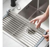 Shein 1 pieza Rejilla retráctil de acero inoxidable de lujo para secar platos - ahorro de espacio, multiusos, diseño sobre el fregadero, portátil, enrollabl