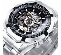 Shein 1 pieza Reloj automático mecánico de esqueleto de moda para hombres, con manecillas luminosas, correa de acero inoxidable plateada, relojes de negocio