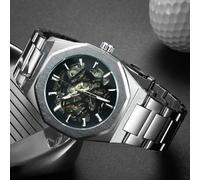 Shein 1 pieza Reloj automático mecánico de moda para hombres, manecillas luminosas, caja asimétrica, correa de acero inoxidable, reloj de lujo de marca clás