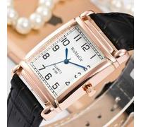 Shein 1 pieza Reloj de lujo para mujer con esfera cuadrada de color dorado rosa, correa negro, reloj de cuarzo casual para hombres y mujeres, opción ideal c