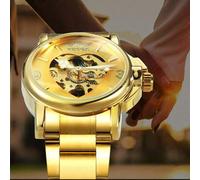 Shein 1 pieza Reloj de mujer de negocios de moda, de marca de lujo, esqueleto dorado automático y mecánico, correa de acero inoxidable, relojes de pulsera c