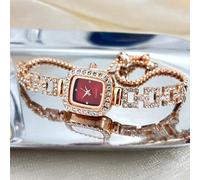 Shein 1 pieza Reloj de pulsera analógico de cuarzo con esfera cuadrada roja, decorado con rhinestones y correa ajustable, estilo hip hop para mujer