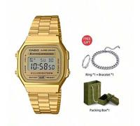 Shein 1 pieza Reloj electrónico de moda para mujer/hombre en color dorado, A168WG-9W, esfera cuadrada pequeña, cronómetro, alarma, calendario automático, ad