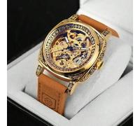 Shein 1 pieza Reloj mecánico automático de lujo y vintage con caja cuadrada con esqueleto en color dorado para hombre, con caja exquisitamente grabada, aguj