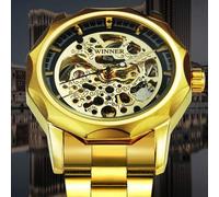 Shein 1 pieza Reloj mecánico de esqueleto dorado real para hombres con manecillas luminosas, correa de acero inoxidable, relojes automáticos de moda y negoc