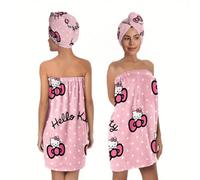 Shein 1 pieza Sanrio de Hello Kitty con bata de baño con botones y toalla, 100% tela de poliéster, suave, juego de gorro de ducha de alta absorción, toalla