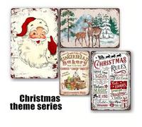 Shein 1 pieza, serie navideña, Papá Noel, reno, reglas de Navidad y casa de pan de jengibre, letrero de metal retro adecuado para cocina, hogar, cafetería,