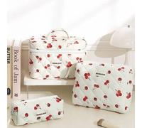 Shein 1 pieza/set Bolsa de cosméticos de viaje multifuncional con patrón suave de cereza acolchado, gran capacidad para maquillaje, cuidado de la piel, bols