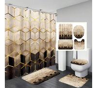 Shein 1 pieza/Set de 4 piezas Cortina de ducha con patrón geométrico dorado, cortina impermeable con 12 ganchos, alfombra de baño, tapete en forma de U para