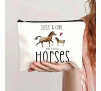 Shein 1 pieza "Solo una chica que ama a los caballos" Bolsa de cosméticos femenina diseñada, Bolsa de maquillaje con tema de caballos, Bolsa de aseo no impe