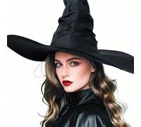Shein 1 Pieza Sombrero de Bruja de Halloween, Sombrero de Bruja Negro Cónico con Volantes Grandes, Sombrero Puntiagudo de Ala Ancha Lindo, Perfecto para Fie