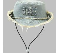 Shein 1 pieza Sombrero de cubo con cordón, bordado con letras en inglés, con borde deshilachado y lavado vintage, adecuado para parejas, deportes al aire li