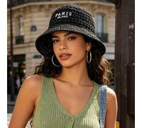 Shein 1 pieza Sombrero de paja con bordado hueco hecho a mano estilo París para mujer, sombrero de playa con protección solar para primavera/verano, adecuad