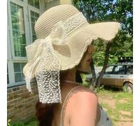 Shein 1 pieza Sombrero de paja grande con ola fresca y simple de verano, versión coreana de todo el ocio de protección solar visera playa con perlas de imit