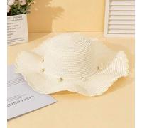 Shein 1 pieza Sombrero de paja grande de ola fresca y simple de verano, versión coreana de todo el ocio protector solar de la visera de perlas falsas