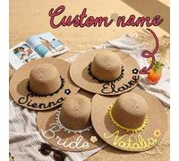 Shein 1 pieza Sombrero de playa con nombre personalizado y pompones de encaje, sombrero de paja floral personalizado de verano, sombrero de playa con nombre