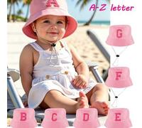 Shein 1 pieza Sombrero de sol rosa con estampado de 26 letras para niños con cordón ajustable, estilo casual, sombrero de cubo para bebé adecuado para exter