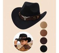 Shein 1 pieza Sombrero de vaquero de fieltro para niños, estilo occidental con colgante de cabeza de toro y ribete de cuero sintético, ala ancha, adecuado p