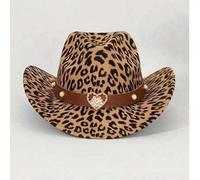 Shein 1 pieza Sombrero de vaquero estilo occidental con estampado de leopardo para mujer, decorado con hebilla metálica con forma de corazón, sombrero de fi