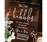 Shein 1 pieza Soplando burbujas de buenos deseos para el nuevo Sr. y Sra. Letrero acrílico transparente tipo vidrio, decoración de boda, despedida, letreros