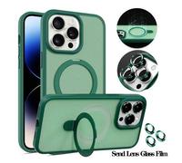 Shein 1 pieza Soporte magnético de pivote de tacto suave mate verde con película de lente de aleación, PC+Silicona TPU 2 en 1 con anillo magnético metálico