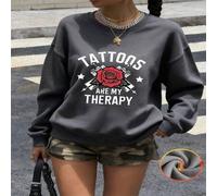 Shein 1 pieza Sudadera con capucha de felpa para mujer con estampado de rosa de tatuaje "Los tatuajes son mi terapia" Gráfico casual y cómodo Cálido top