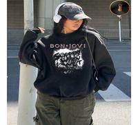 Shein 1 pieza Sudadera con cuello redondo de forro polar casual con estampado gráfico de la banda Bon Jovi, regalo de cumpleaños perfecto, regalo festivo