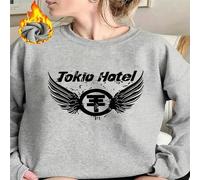 Shein 1 pieza Sudadera de cuello redondo con estampado gráfico del emblema con alas del logo de la banda Tokio Hotel, para fans de la música, casual de mang