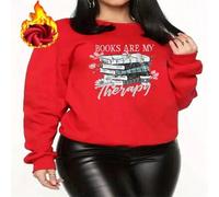 Shein 1 pieza Sudadera de cuello redondo con estampado "Los libros son mi terapia" para mujer, sudadera gráfica con detalles florales, cálida y elegante, bl