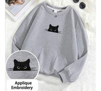 Shein 1 pieza Sudadera de cuello redondo minimalista y fresca para chica, con aplique bordado de gato negro, top suave para otoño/invierno en el campus