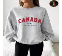 Shein 1 pieza Sudadera de cuello redondo para mujer con estampado "Canadá EST. 1867 The True North", parte superior casual de manga larga, sudadera con gráf
