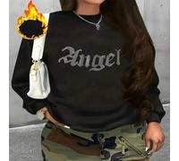 Shein 1 pieza Sudadera de felpa con cuello redondo para mujer con estampado de ángel de rhinestone, suave y cálida, con detalles elegantes, perfecta para at