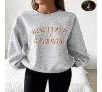 Shein 1 pieza Sudadera de felpa con cuello redondo para mujer con estampado de la frase "Vivre D'amour Et De Champagne", top informal de manga larga, atuend