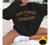 Shein 1 pieza Sudadera de felpa con cuello redondo para mujer con gráfico "Vivre D'Amour Champagne", cálida y de moda, el regalo de cumpleaños perfecto, reg