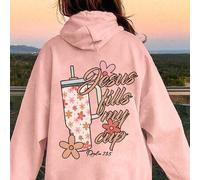 Shein 1 pieza Sudadera rosa con elemento floral "Jesús llena mi taza" para adolescentes, suave y cómoda, esencial para reuniones con amigos en primavera y o