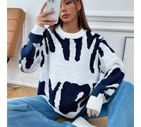 Shein 1 pieza Suéter de punto de cuello redondo con ajuste relajado y color contrastante, estilo casual al aire libre y urbano para adolescentes, cálido y g