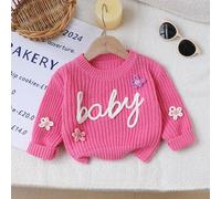 Shein 1 pieza Suéter para niñas bebé, cuello redondo rosa con bordado de la letra "Baby" y decoración floral 3D, estilo minimalista lindo y fresco, grosor r