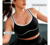 Shein 1 pieza Sujetador deportivo sin costuras de talla grande con soporte medio, contraste negro y blanco, tela súper suave con estiramiento en 4 direccion