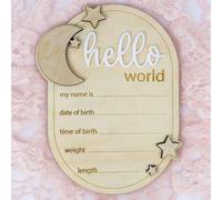 Shein 1 pieza Tablero de anuncio de madera 3D "Hola Mundo" con diseño de estrella y luna, adecuado para la primera foto del bebé, tarjetas de hitos, regalo