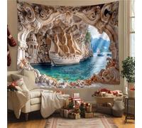 Shein 1 pieza Tapiz de barco de poliéster, decoración mural de arquitectura antigua, arte rupestre, barco a vela, vista panorámica del mar, decoración del h