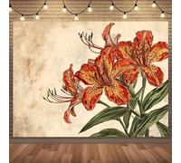 Shein 1 pieza, Tapiz de estilo bohemio adornado con vibrantes lirios naranjas y hojas verdes - Una ilustración botánica clásica. Tapiz de pared de poliéster